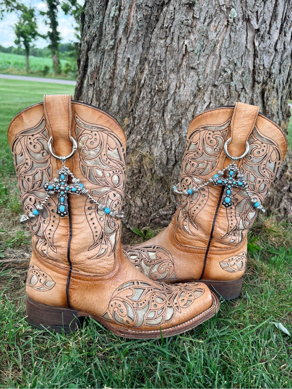 Handcrafted Beaded Boot Bracelet Chains w/ Turquoise Cross Accents